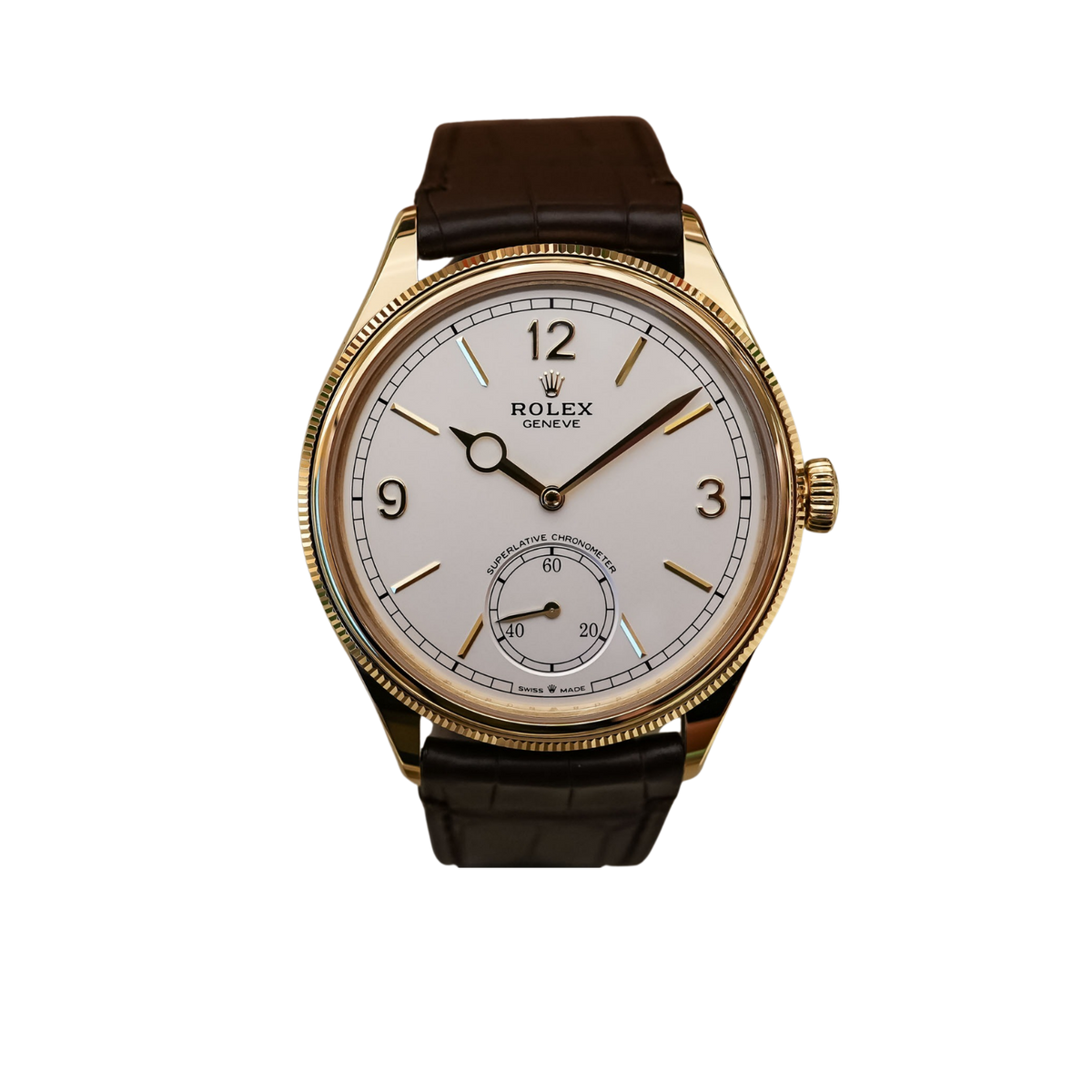 Perpetual 1908 39mm Yellow Gold White Dial Brown Alligator Leather Strap m52508-0006