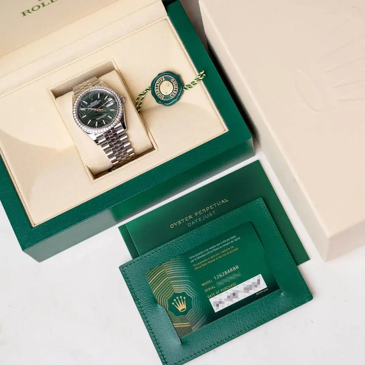 Rolex Datejust 36 M126284RBR-0039 – Olive Green Palm Motif Dial Diamond Bezel