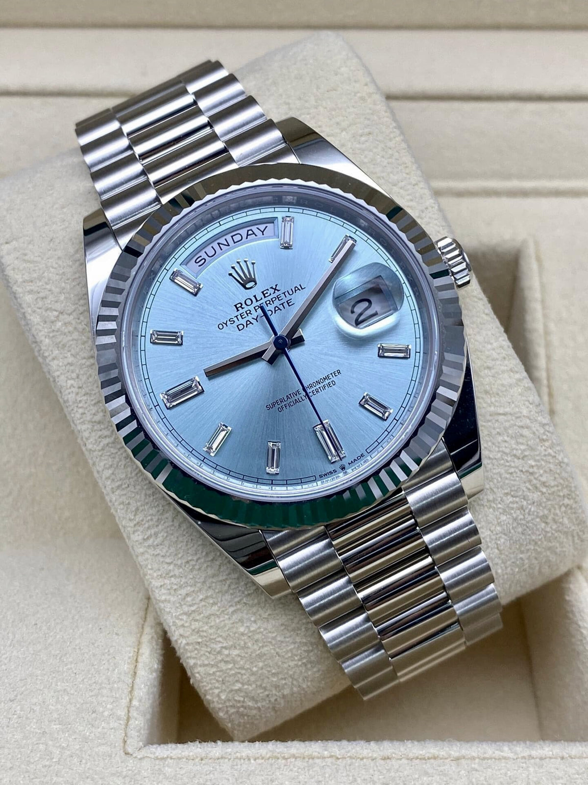 Rolex Day-Date 40mm Platinum President  Ice Blue Baguette Dial 228236