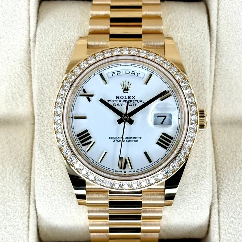 Day-Date 40 228348RBR Yellow Gold Diamond Bezel White Dial