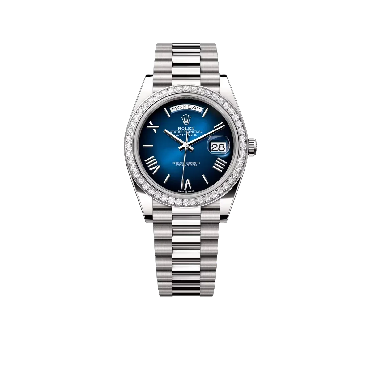 Day-date Oyster Perpetual 40mm White Gold Blue Ombré Dial, Diamond-set bezel M228349RBR-0045