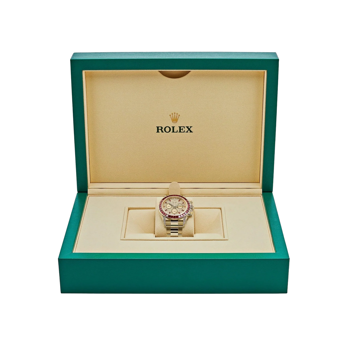 Daytona 126598TRU Yellow Gold Ruby Bezel Diamond Pave Dial