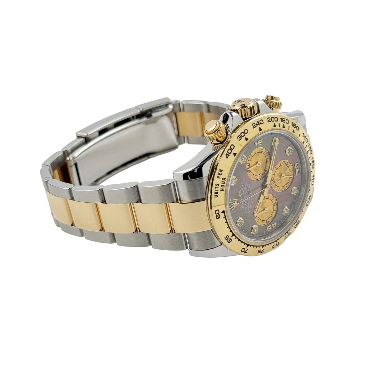Daytona 40mm Yellow Gold Stainless Steel Black Mother of Pearl Diamond Dial 116503