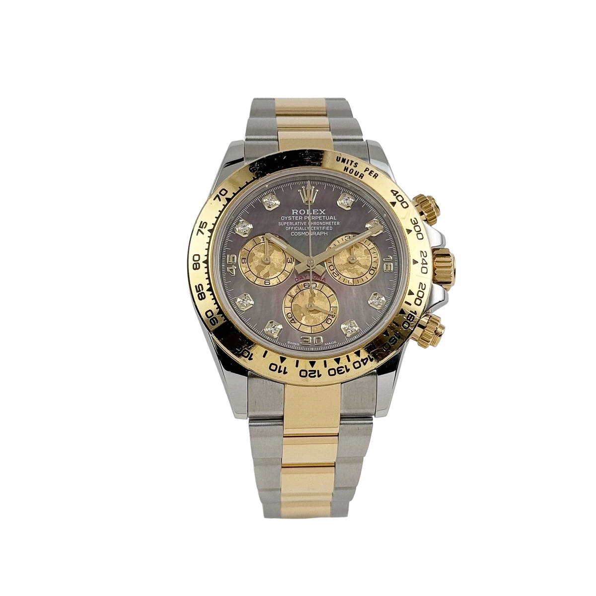 Daytona 40mm Yellow Gold Stainless Steel Black Mother of Pearl Diamond Dial 116503