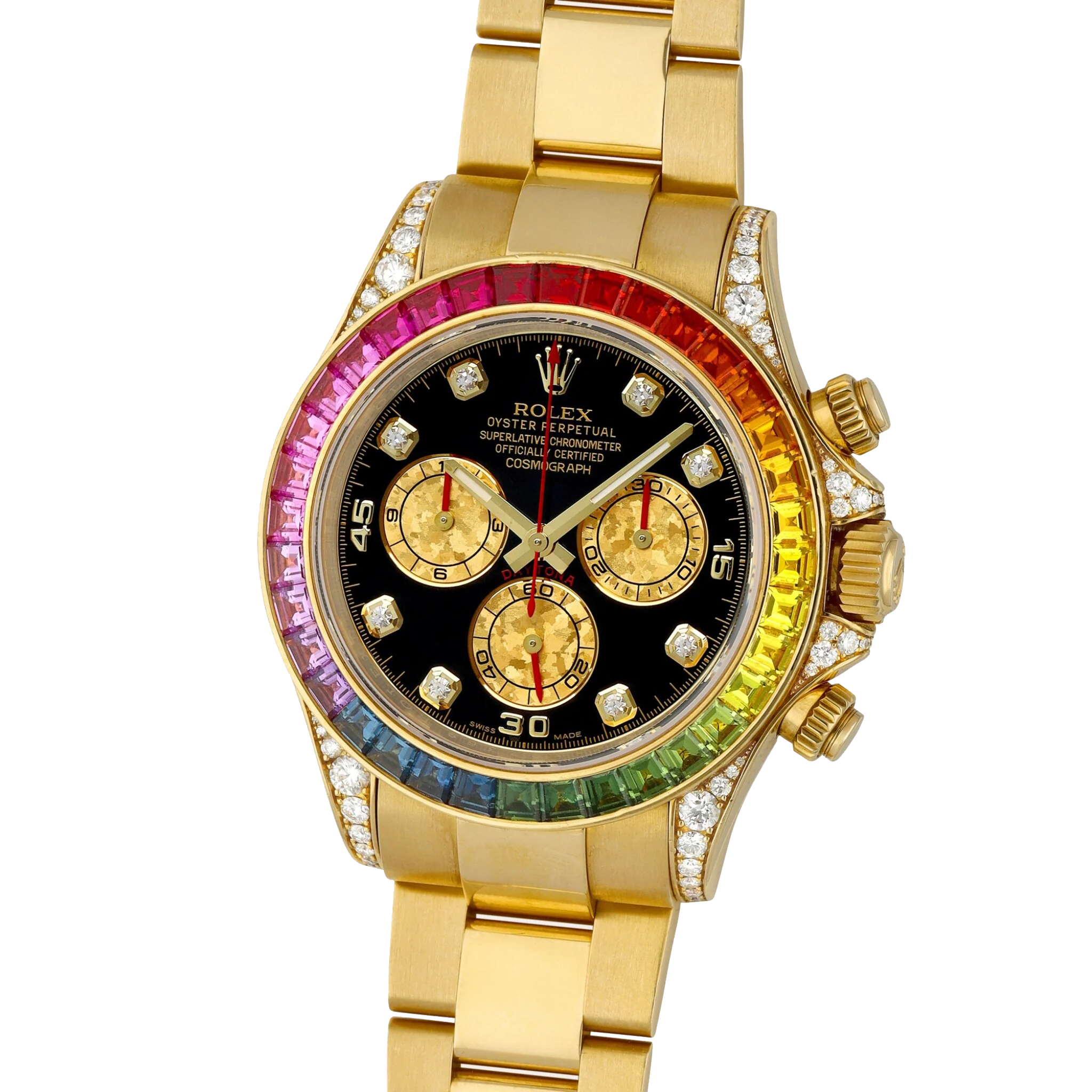 Daytona 116598RBOW Rainbow Yellow Gold Black Diamond Dial Sapphire Bezel